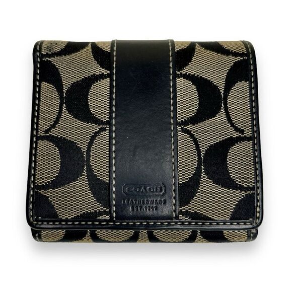 Coach Signature C Logo Classic Black Brown Bifold Wallet Leather Canvas Women - Picture 1 of 10